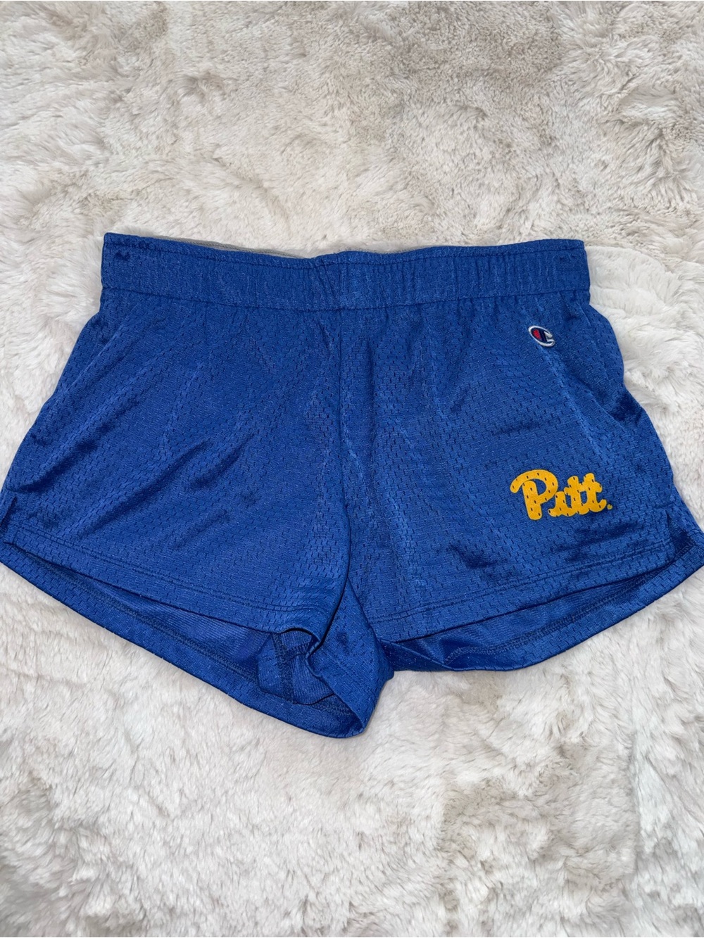 Champion Blue Women's Mesh Athletic Shorts with Yellow Pitt Script